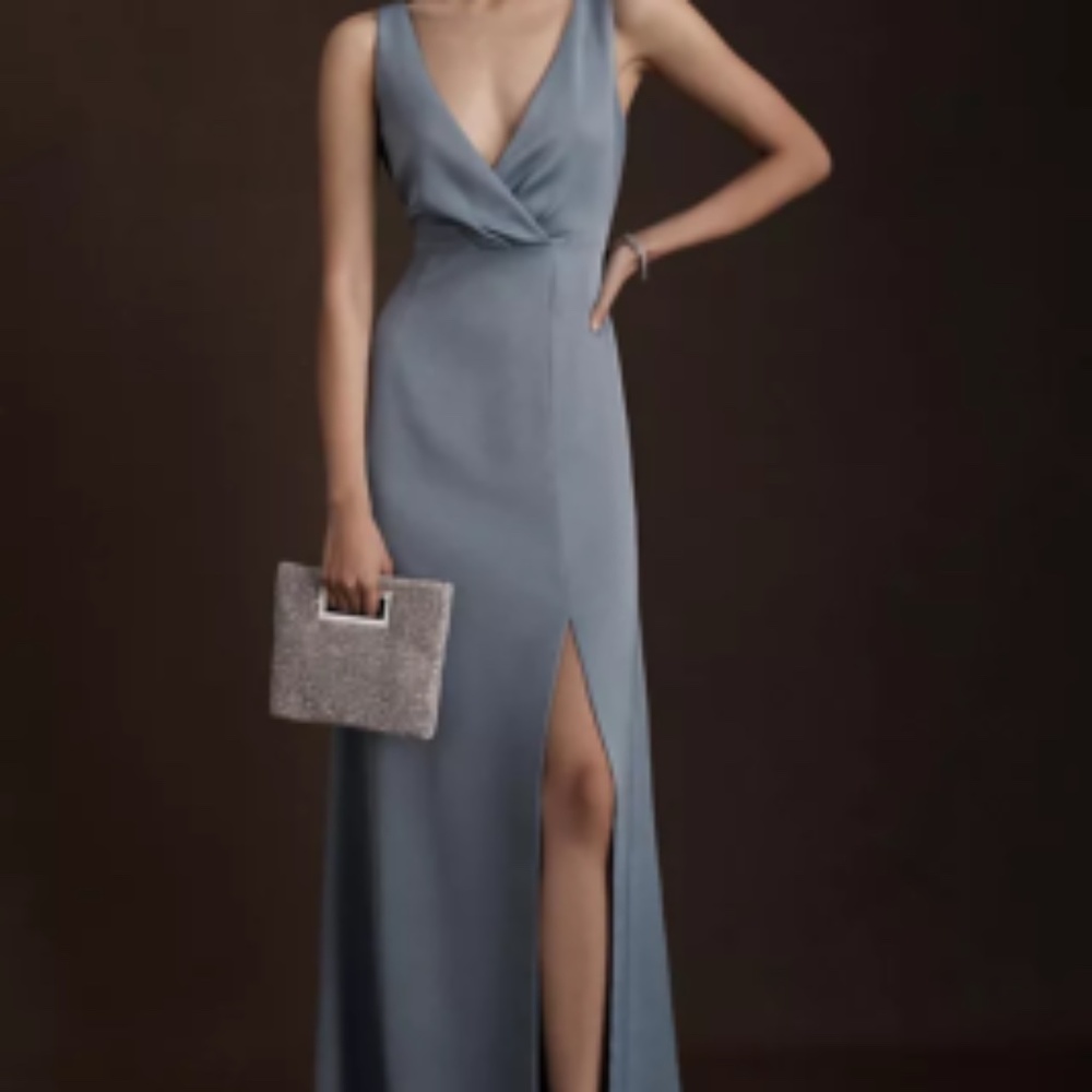 Anthropologie BHLDN Piper V-neck Side Slit Satin Gown Blue Size 4